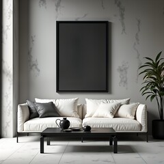 Modern minimalist living room interior design. Stylish white couch with dark pillows, dark coffee table. Empty black framed poster on light gray wall. Plant in corner. Clean lines, neutral colors