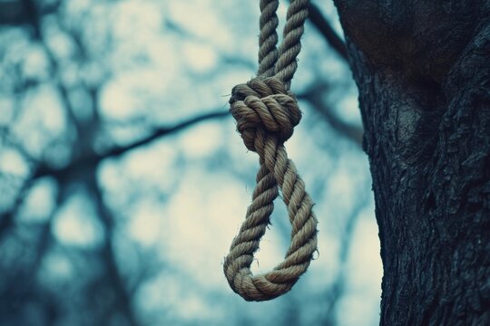 A rope noose hangs from a tree branch