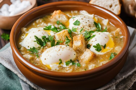 Traditional Portuguese a&ccedil;orda with poached eggs, crusty bread cubes, and fresh parsley in a rich garlic and olive oil broth, served in a rustic clay bowl