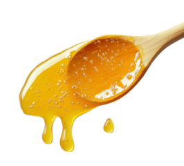 Golden honey dripping from wooden dipper food bright background close-up sweetness concept isolated on transparent background png