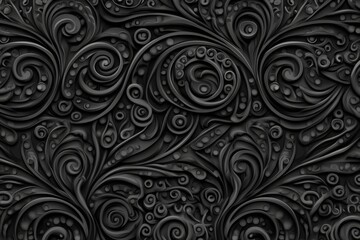A black floral damask seamless pattern tile with intricate and ornate monochrome leaf designs on a dark background, perfect for luxurious and classic design projects, backgrounds, and backdrops