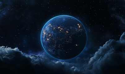 Obraz premium Earth at Night Showing City Lights and Clouds