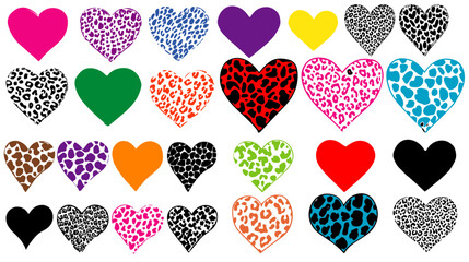 Multicolored leopard texture hearts great set collection clip art silhouette, black animal leopard love heart vector illustration on white background.
