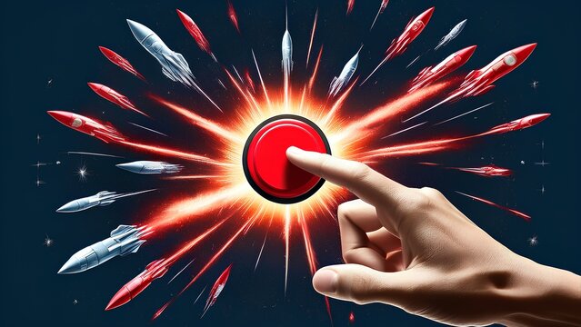 An artistic collage depicting a hand pressing a red button surrounded by warheads flying with fiery trails. The composition symbolizes wars, fire and destruction.
