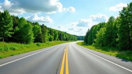 Fototapeta premium Asphalt road curving through a lush green forest under a bright sunny sky