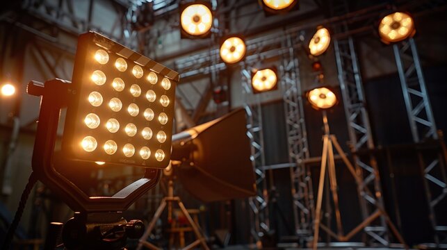 Hands holding a clapperboard for filming in a studio during movie production process
