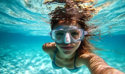Naklejka premium Female swimmer at the swimming pool.Underwater photo.