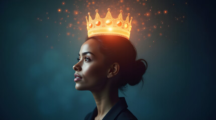 A glowing holographic crown above a woman’s head, symbolizing leadership and success in business