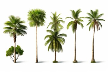 Various types of palm trees showcasing different shapes and sizes against a white background