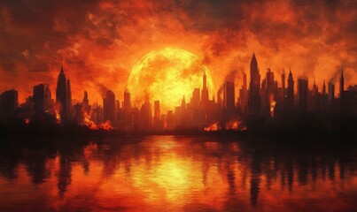 Fototapeta premium Fiery Sunset Over Burning Cityscape River Reflects Inferno