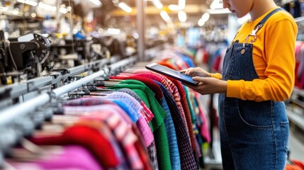 Worker records inspection data on a tablet while examining vibrant fabrics under natural light