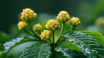 Close-up of vibrant yellow flower buds on a green plant with dew drops.
