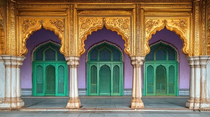 Obraz premium Ornate arched windows and decorative facade of a vibrant colorful and historic Indian palace showcasing the intricate architectural style and rich cultural heritage