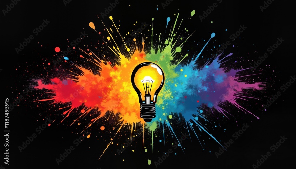 Poster Vibrant light bulb explodes with colorful paint splashes on black background. Creative concept innovation, unique ideas. Imagination, energy central themes in powerful visual. Abstract art style