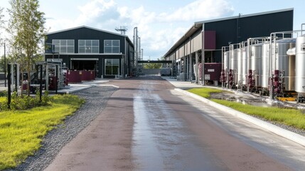 Metallic storage tanks shine in a sleek industrial park under bright sunlight
