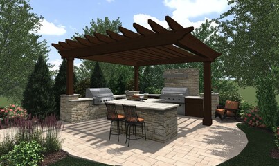 Naklejka premium Elegant Outdoor Kitchen Pergola Patio Design