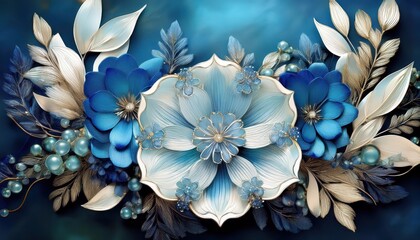 Vibrant Blue Flower Arrangement with Bracelet and Leaves, Surrounded by a Bouquet Stunning Raster Illustration Showcasing Artistic Detail and Colorful Flora