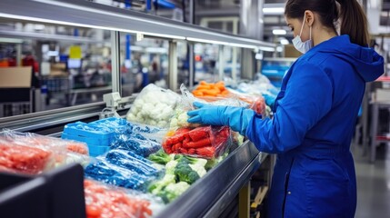 A factory worker packages frozen vegetables into resealable bags using an automated system