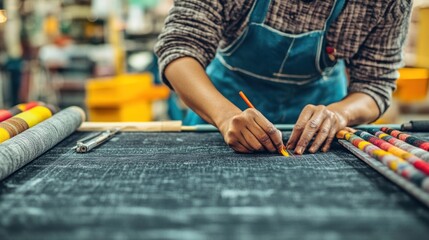 A worker meticulously marks flaws on fabric during a quality control process in a textile workshop