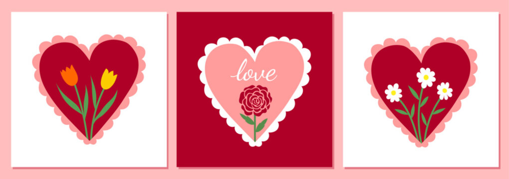 Beautiful greeting cards featuring heart and floral designs, perfect for Valentine's Day, Mother's Day, anniversaries, and celebrating love. Vector illustration.