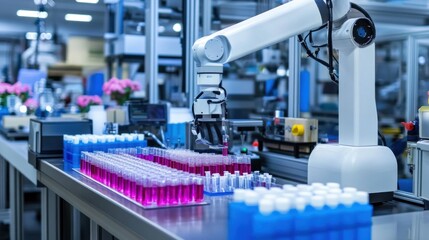 Advanced robotics manipulate vibrant chemical samples in a futuristic lab with soft lighting