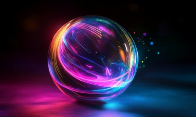 Holographic, glowing orb with shifting neon colors and abstract shapes, technology, shifting, neon