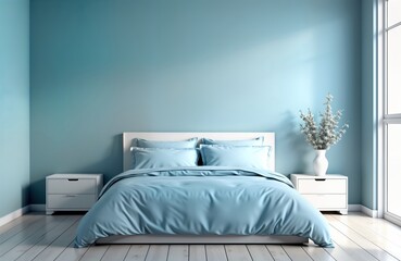 Stylish light blue bedroom with light blue bed. Empty wall with natural light, white bedside tables. Modern interior design mockup. Pastel colors trend. Interior design template. Luxury hotel bedroom