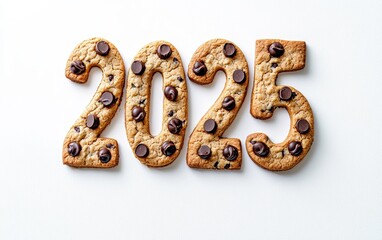 Obraz premium 2025 crafted using chocolate chip cookies, aligned to create the numbers on a white backdrop