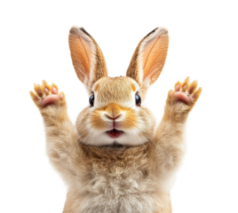 Playful beige rabbit raising hands on high fidelity cute animal concept isolated on transparent background png