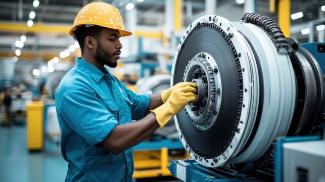A dedicated factory worker cleans and inspects a large industrial motor in a well-lit environment