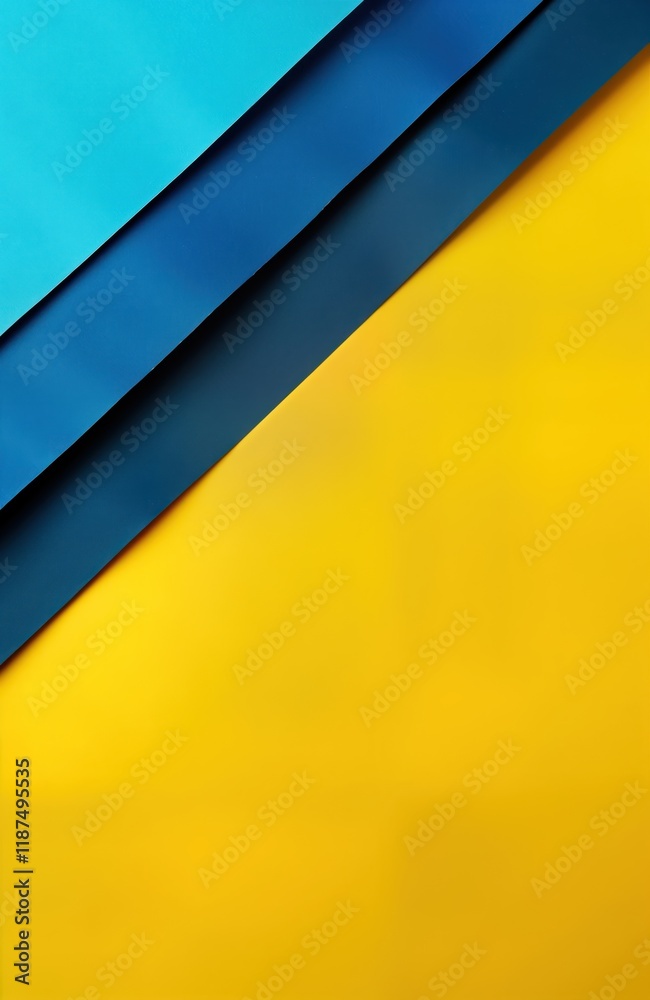 Poster Abstract flat lay composition with overlapping shades of blue, yellow paper. Geometric shapes, lines create modern design. Empty space allows for easy customization addition of elements. Vivid