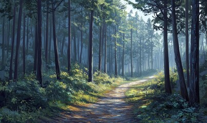Fototapeta premium Forest path winding through the dense woodland with tall trees looming above, natural scenery, foliage, wooded landscape