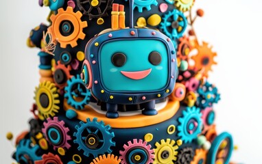 Obraz premium A 3D robot-themed cake with edible gears, bright metallic colors, and a smiling robot topper on a white background