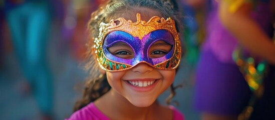 Vibrant Carnival Mask Worn by Smiling Woman Celebrating Festive Occasion with Colorful and Ornate Costume  Joyful Expression of Cultural Tradition and Theatrical Performance