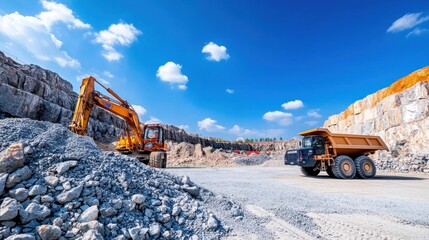 Excavator transfers sand to a dump truck in an active quarry under a clear sky