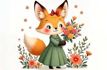 Fototapeta premium Cute fox girl holds bouquet of flowers. Adorable cartoon animal character wearing green dress. Spring springtime theme. Happy, playful. Floral design on white background. Illustration suitable for