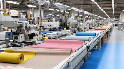 Laser cutters operate on fabric rolls in a spacious industrial setting with natural light