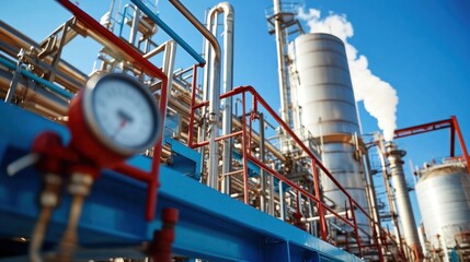 Metallic tanks and smokestacks highlight an oil processing facility in bright daylight