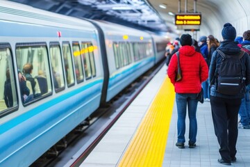 Passengers stand at the platform as a metro train enters the underground tunnel