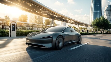 Futuristic electric vehicle in the Smart City