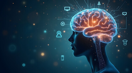 A holographic representation of a woman’s brain glowing with creative ideas, surrounded by business symbols