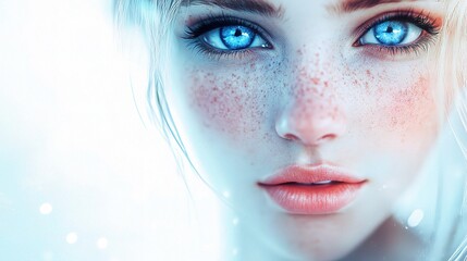 Fototapeta premium Captivating Portrait of a Beautiful Woman with Blue Eyes and Freckles