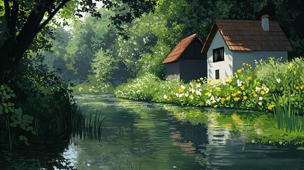 Obraz premium A house by water with trees on both sides