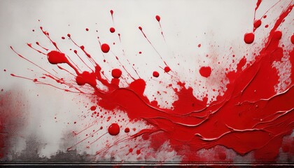 Intense Red Paint Splatters Dominate Grungy White Wall Backdrop, Creating an Atmospheric Horror...