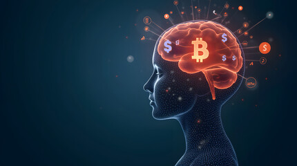 Obraz premium A holographic representation of a woman’s brain glowing with creative ideas, surrounded by business symbols