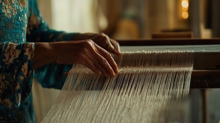 Silk artisans skillfully weave intricate patterns using their hands in a collaborative workshop