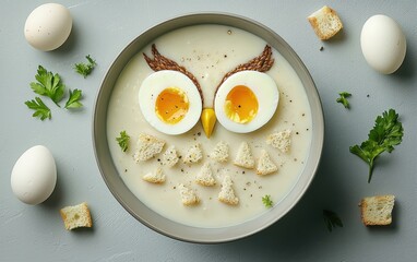 A bowl of soup arranged as an owl, with sliced eggs for eyes, and croutons for feathers on a pastel gray background