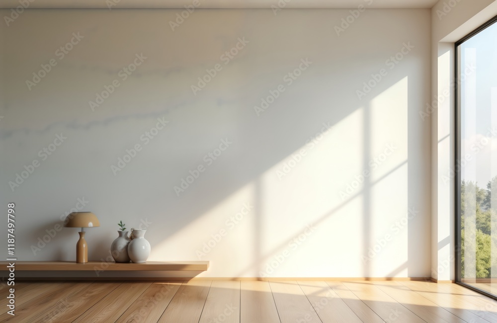 Poster empty room with white walls, oak wooden floor. sunlight streams through large window casting shadows