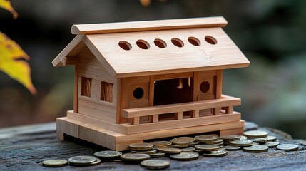 Wooden House Stacked on Coins Symbolizing Wealth and Prosperity