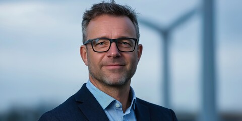 A professional businessman stands confidently in front of wind turbines, symbolizing sustainable energy and a commitment to environmental solutions in a modern dynamic world.